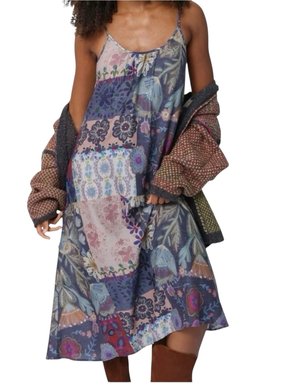 NATURAL LIFE Lizzie Blue Floral Patchwork Midi Dress XS NWT Boho